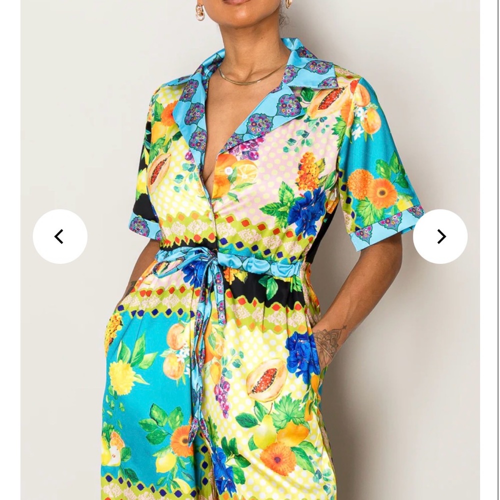 Endless Moon Vibrant Blue Floral &Fruit Button-Front Women’s Jumpsuit